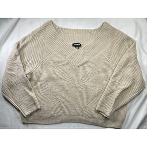 Express Off White Textured Cropped V Neck Size Large Women's Sweater